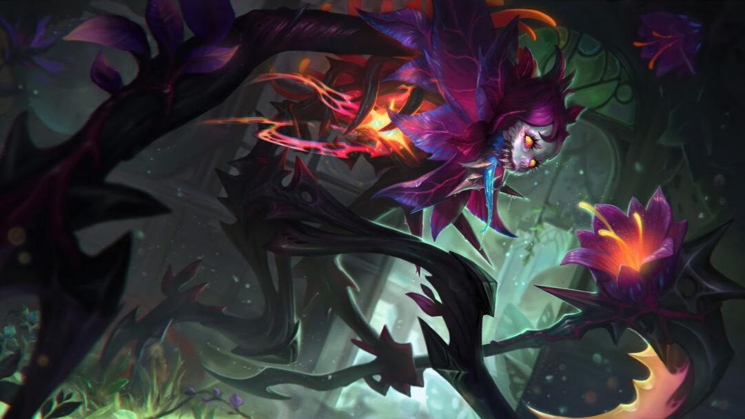 A haunting 4K wallpaper showcasing Fiddlesticks in its Flora Fatalis skin, a monstrous, vine-covered scarecrow with a pale, glowing skull-like face, emerging from a dark, overgrown botanical ruin. Its vibrant purple and black floral armor, combined with eerie luminous tendrils and glowing orange eyes, creates a truly ominous and captivating scene.