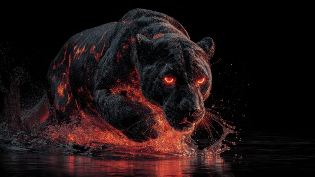 A dramatic 4K wallpaper features a formidable black panther lunging powerfully from dark water, creating an explosive splash against a deep black background. Its piercing red eyes and glowing, fiery patterns on its fur illuminate the dynamic water, projecting an intense and mystical aura.