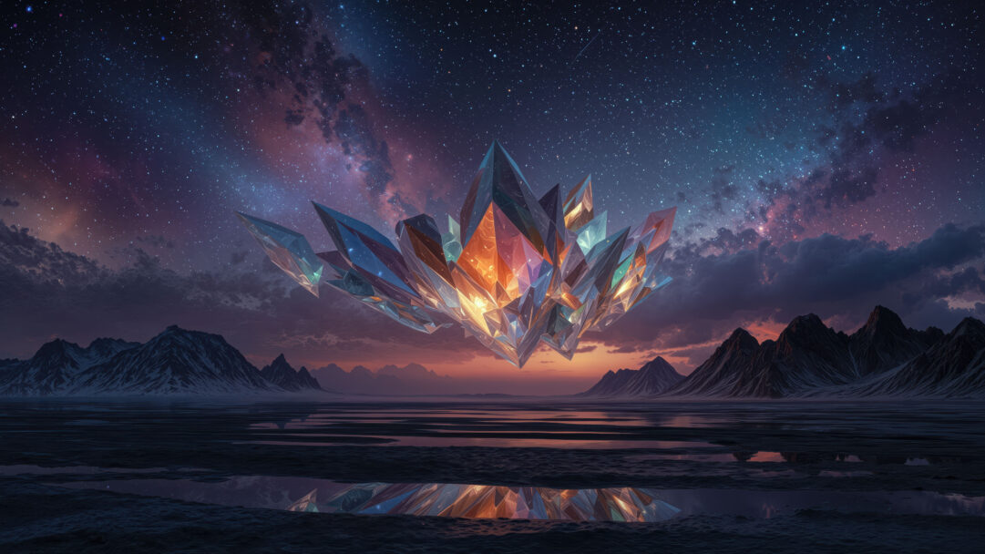 A wondrous 4K wallpaper showcases a magnificent floating crystal cluster positioned under a vibrant galaxy night sky, with snowy mountains framing a serene, reflective landscape. The crystal's luminous facets brilliantly mirror the cosmic colors of the nebula and countless stars, creating a stunning reflection on the calm water below that deepens the scene's ethereal beauty.