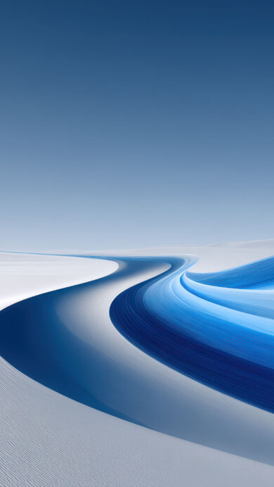 A captivating 4K wallpaper features dynamic, flowing blue and white abstract digital art forms snaking across a minimalist, pristine white expanse. The varied shades of blue seamlessly blend and curve, creating a striking sense of depth and serene, continuous motion against the subtly textured white ground.