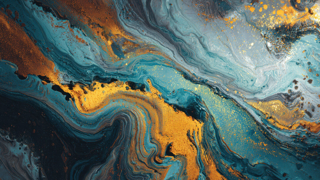 A luxurious 4K wallpaper showcases fluid, intertwining streams of gold and various shades of teal, characteristic of abstract digital art. Golden specks and deeper blue-black currents dynamically flow through the composition, creating a sense of energetic movement and striking contrast.