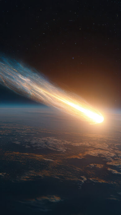 An epic 4K wallpaper capturing a brilliant, intensely glowing meteor as it dramatically enters Earth's dark atmosphere from the vastness of space. Its fiery orange and yellow trail streams dynamically behind it, illuminating the faint outlines of continents and clouds below against the starry cosmic backdrop.