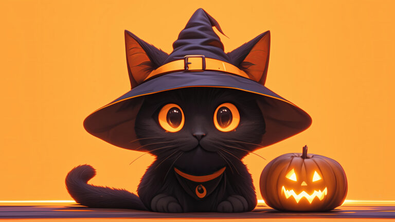 A captivating 4K wallpaper showcases a delightful Halloween digital art piece: a black cat adorned with a witch hat, sitting beside a glowing Jack-o'-lantern against a vibrant orange backdrop. Its wide, luminous orange eyes perfectly echo the fiery glow of the carved pumpkin, creating a whimsical and festive mood.