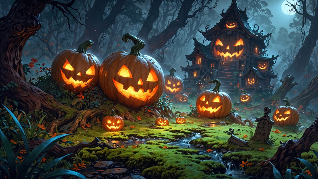 A hauntingly beautiful 4K wallpaper showcasing a mysterious, gabled haunted house nestled deep within a moonlit forest. Numerous glowing jack-o'-lanterns dot the vibrant green, mossy ground and stream banks, their warm orange light creating a quintessential Halloween, digital art scene against the eerie blue tones of the misty night.