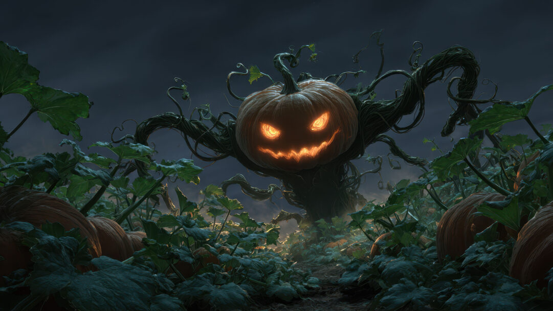 A mystical 4K wallpaper showcasing a colossal Jack-o'-lantern tree with a glowing, grinning face, emerging from a dark, overgrown pumpkin patch under a cloudy night sky. Its vibrant orange light powerfully illuminates the gnarled, intertwining vines of this intricate digital art creation and casts an eerie glow over the foreground pumpkins.