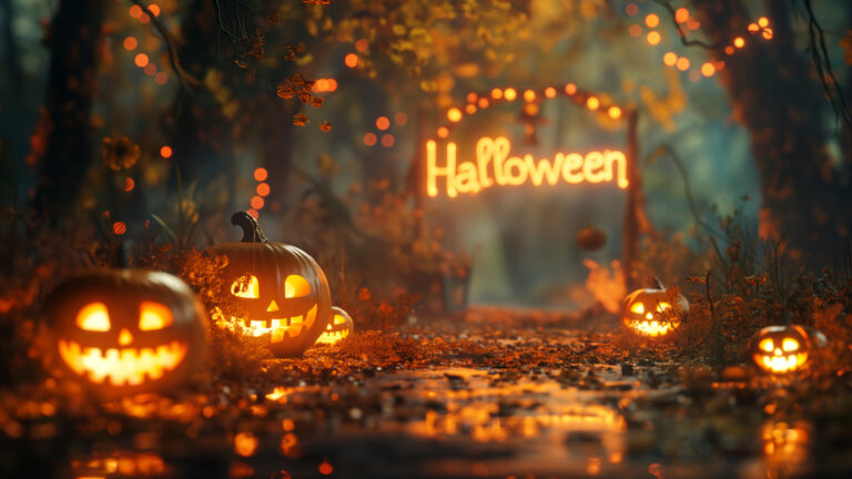 A mesmerizing 4K wallpaper presents a Halloween digital art scene where an enchanted path through a dark forest is lined with glowing jack-o'-lanterns. The vibrant orange glow of the pumpkins and a distant 'Halloween' sign creates a warm, inviting yet mystical ambiance, beautifully reflected on the damp ground and scattered leaves.