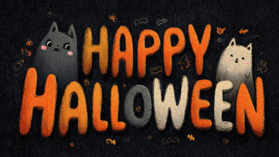 A charming 4K wallpaper displays the bold, textured words 'Happy Halloween' flanked by two adorable, fluffy cats against a deep, speckled black background. The playful crayon-like texture and warm orange and cream hues of the lettering and the cats' rosy cheeks evoke a joyful and festive Halloween spirit, complemented by tiny, scattered spooky doodles.