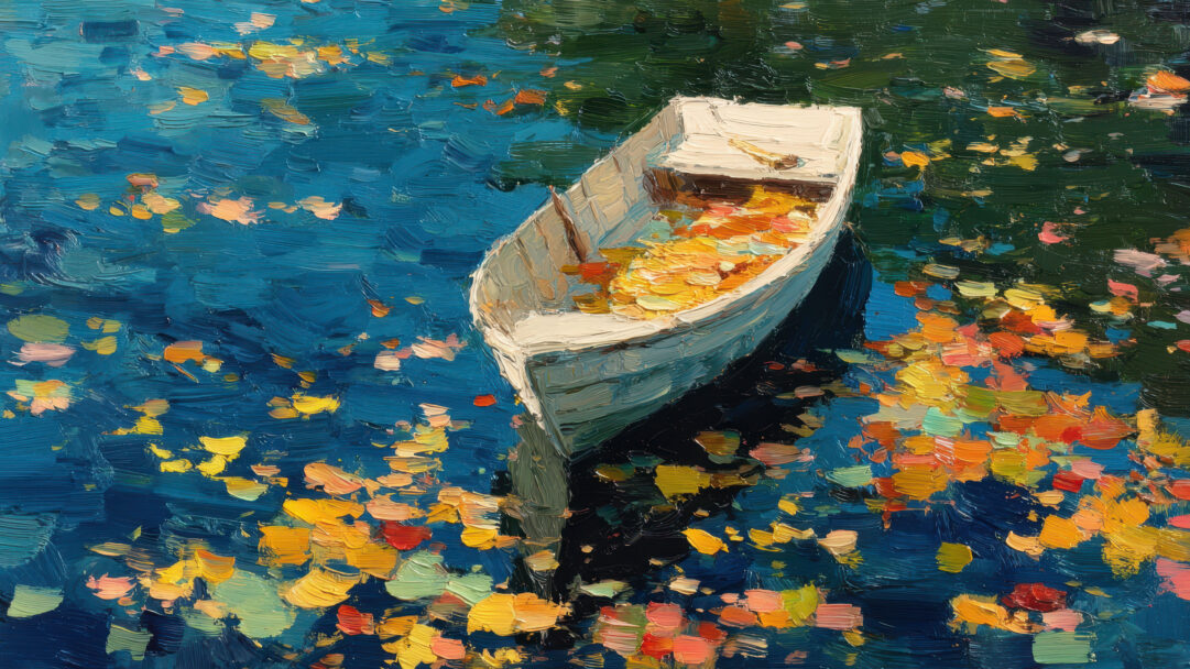 A captivating 4K wallpaper presents an Impressionist painting of a white boat gently floating on vibrant blue water. The boat is filled with and surrounded by a brilliant scattering of richly textured fall leaves, their warm oranges and yellows contrasting with the cool, deep blues and greens of the water, creating a tranquil autumnal scene.