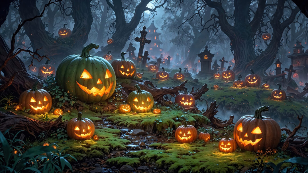 An enchanting 4K wallpaper showcases numerous glowing Jack-o'-lanterns scattered throughout a misty, haunted forest graveyard, embodying the spirit of Halloween digital art. The warm, flickering orange light from the carved pumpkins casts an otherworldly glow on the dark, gnarled trees and ancient gravestones, creating a mysterious and festive yet eerie mood.