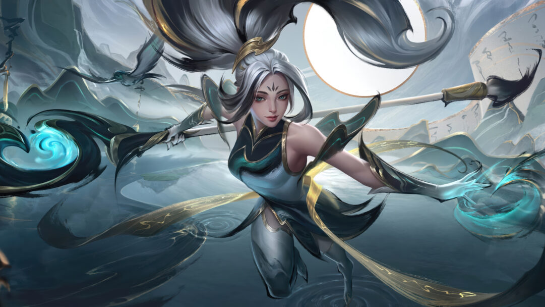 A captivating 4K wallpaper showcasing Janna in her Calligraphia Skin, a celestial figure hovering amidst stylized misty mountains and tranquil waters. The vibrant teal energy she wields, contrasted with her flowing white and dark hair and elegant gold accents, evokes a powerful and serene artistic spirit.