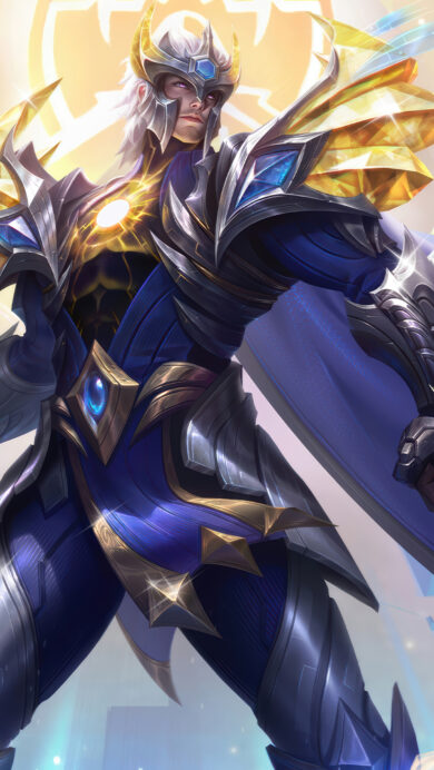 A majestic 4K wallpaper features Jarvan IV in his Inspiring Skin, poised heroically amidst a luminous, abstract futuristic or celestial setting that echoes the vibrant splash art for LoL Wild Rift. His gleaming blue, silver, and gold armor, along with the radiant, crystal-tipped staff, is bathed in brilliant light and surrounded by dynamic energy streaks and floating geometric shards, evoking a powerful and inspiring aura.