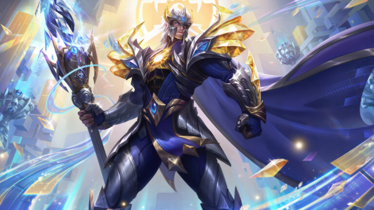 A majestic 4K wallpaper features Jarvan IV in his Inspiring Skin, poised heroically amidst a luminous, abstract futuristic or celestial setting that echoes the vibrant splash art for LoL Wild Rift. His gleaming blue, silver, and gold armor, along with the radiant, crystal-tipped staff, is bathed in brilliant light and surrounded by dynamic energy streaks and floating geometric shards, evoking a powerful and inspiring aura.