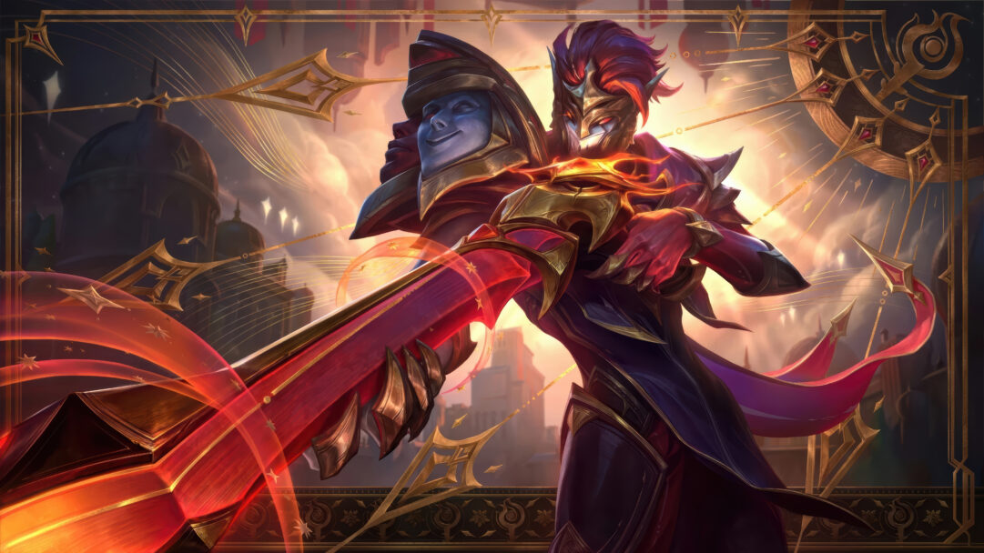 An enigmatic 4K wallpaper showcasing Jhin in his Arcana Skin, a theatrical figure clad in dark purple and gold armor with a blue and red mask on his shoulder, framed by ornate golden borders against a warm, celestial city skyline. His massive, glowing red and gold cannon emanates ethereal energy and star-like particles, creating a powerful and mystical aura that dominates the vibrant, warm background.