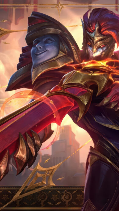 An enigmatic 4K wallpaper showcasing Jhin in his Arcana Skin, a theatrical figure clad in dark purple and gold armor with a blue and red mask on his shoulder, framed by ornate golden borders against a warm, celestial city skyline. His massive, glowing red and gold cannon emanates ethereal energy and star-like particles, creating a powerful and mystical aura that dominates the vibrant, warm background.