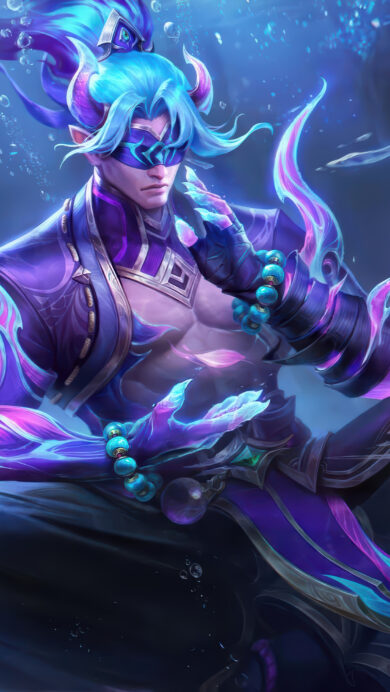 An otherworldly 4K wallpaper showcasing Lee Sin in his Spirit Blossom skin from LoL Wild Rift, meditating amidst an ethereal realm of glowing spirits. His blindfolded gaze and powerful pose are surrounded by vivid blue and magenta spirit energy, and spectral oni mask wisps, creating a serene yet potent mystical atmosphere.