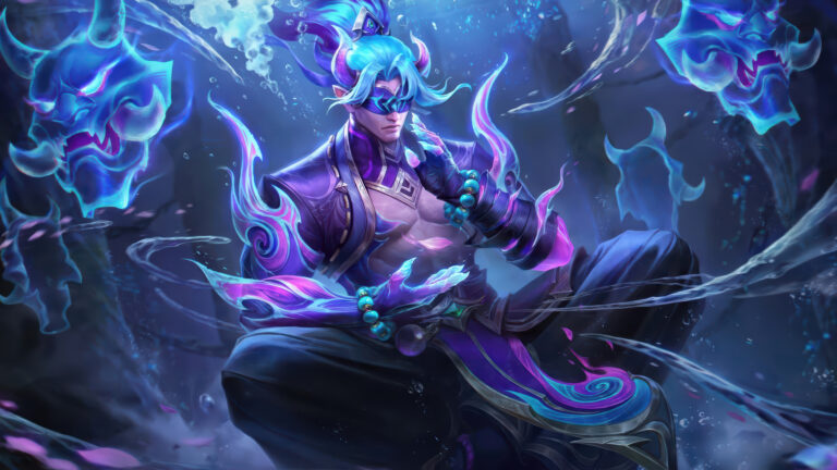 An otherworldly 4K wallpaper showcasing Lee Sin in his Spirit Blossom skin from LoL Wild Rift, meditating amidst an ethereal realm of glowing spirits. His blindfolded gaze and powerful pose are surrounded by vivid blue and magenta spirit energy, and spectral oni mask wisps, creating a serene yet potent mystical atmosphere.