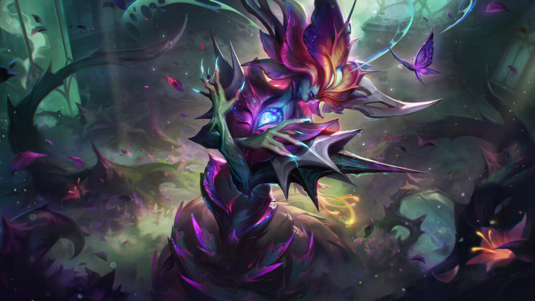 An otherworldly 4K wallpaper showcases Lissandra in her Flora Fatalis skin, reimagined as a regal, thorny plant-human hybrid standing amidst a dimly lit, overgrown magical garden. Her vibrant purple and blue armor, intricate with sharp petal-like growths and glowing accents, emanates a powerful, dark allure, highlighted by ethereal light filtering through the dense foliage.