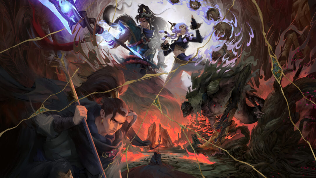 A dynamic 4K wallpaper depicting LoL's Yunara Xin Zhao skin, featuring the hero in a determined stance with allies against a fierce, volcanic landscape. The brilliant ethereal light emanating from the heroes sharply contrasts with the infernal red and orange glow of the burning ground and monstrous shadows, conveying an intense, epic confrontation.