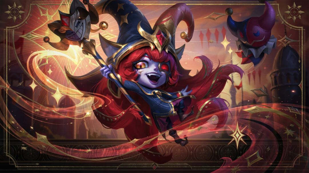 A mystical 4K wallpaper showcasing Lulu in her Arcana skin, a small, red-haired character with glowing yellow eyes and a wide grin, adorned in a jester-witch hat and dark, elegant clothing, dynamically posed amidst swirling red and gold arcane energy. Her gleefully mischievous expression, highlighted by the staff's golden glow, establishes a mood of captivating, potent magic within an ornate, dark carnival setting.