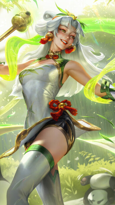 A joyous 4K wallpaper featuring Lux in her enchanting Panda Pal skin, depicted with flowing white hair and a light green, bamboo-patterned outfit, as she radiates charm while wielding a golden panda-topped staff in a bright, lush bamboo grove. Verdant magical ribbons swirl around her and numerous playful pandas, creating a whimsical scene bathed in dappled sunlight.