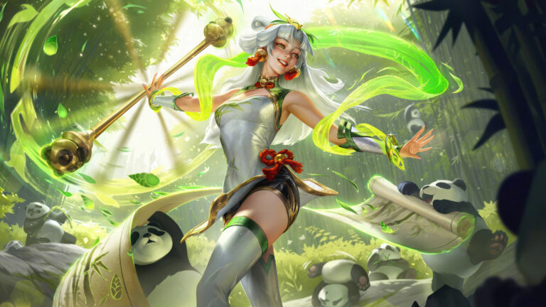 A joyous 4K wallpaper featuring Lux in her enchanting Panda Pal skin, depicted with flowing white hair and a light green, bamboo-patterned outfit, as she radiates charm while wielding a golden panda-topped staff in a bright, lush bamboo grove. Verdant magical ribbons swirl around her and numerous playful pandas, creating a whimsical scene bathed in dappled sunlight.