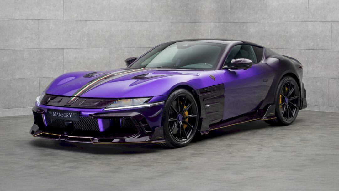 A striking 4K wallpaper featuring the custom Mansory Equestre Ferrari 12Cilindri supercar parked prominently in a minimalist studio setting. Its brilliant metallic purple finish, accented with custom black aerodynamic elements, subtle gold pinstriping, and Italian flag racing stripes, gleams under the light, emphasizing its opulent design.