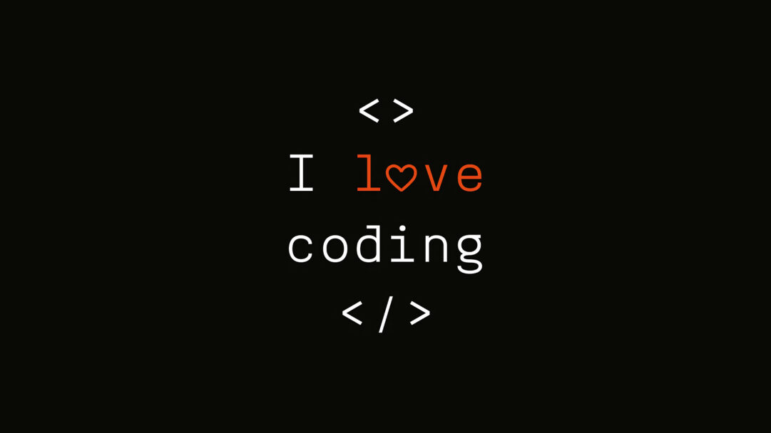 A striking 4K wallpaper presents the minimalist digital art phrase 'I love coding' centrally on a stark black background, emphasizing a passion for programming. The word 'love' uniquely features an orange heart symbol and the word 'coding' in vibrant orange, both framed by white `` programming symbols, creating a bold and enthusiastic statement.