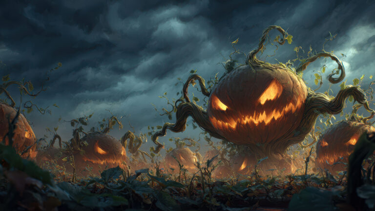 A haunting 4K wallpaper depicts a shadowy field filled with monstrous, glowing Halloween pumpkins, rendered with striking detail through digital art. Their menacing carved faces radiate an intense orange light, piercing the gloom and casting an ominous glow across the dark, tangled vines and foreboding clouds.