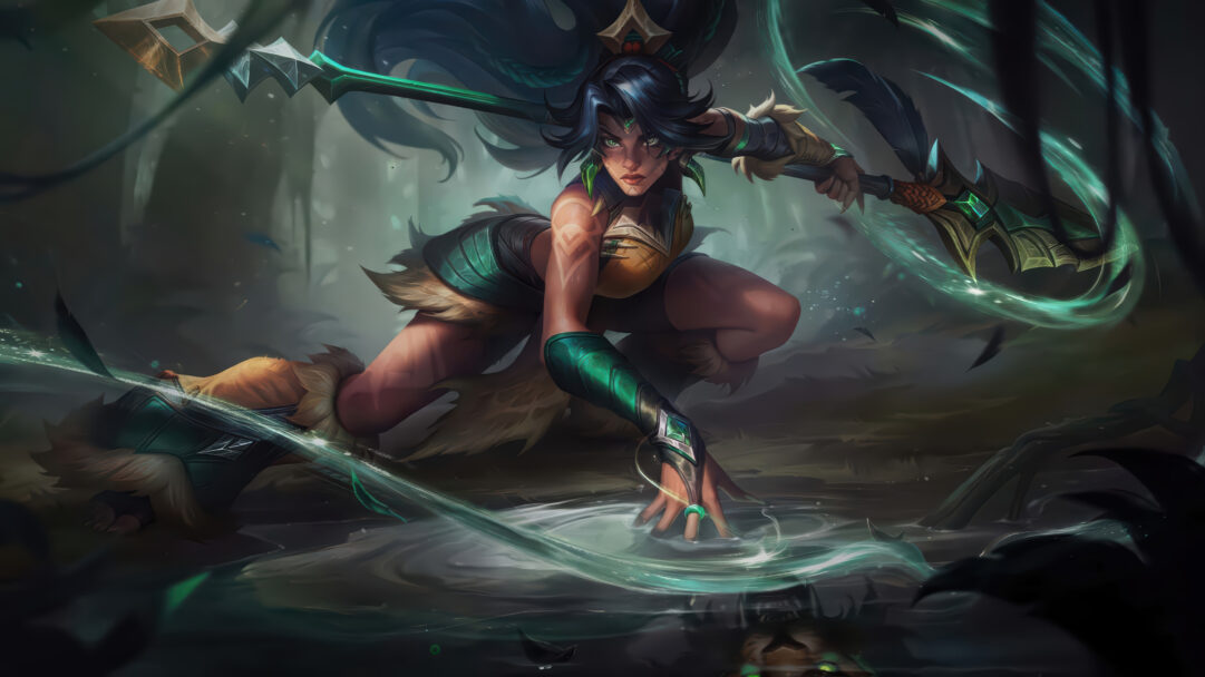 A captivating 4K wallpaper showcasing Nidalee, the legendary huntress from LoL Wild Rift, depicted in a dynamic crouch amidst a mystical, shadowy jungle swamp. Electrifying teal magical energy swirls intensely from her spear and through the murky water, amplifying her fierce determination.