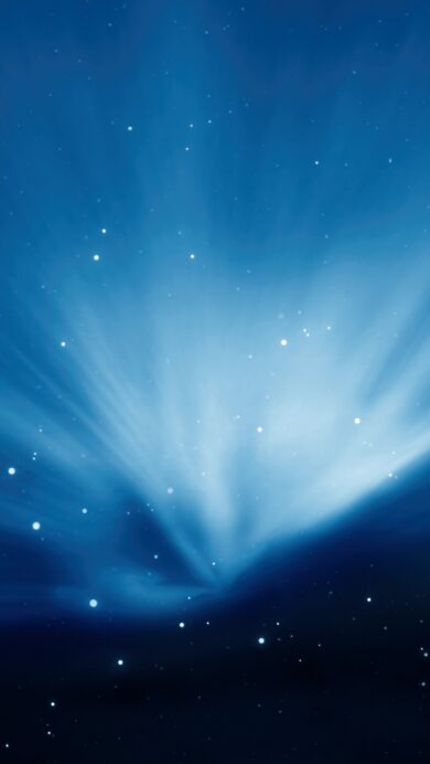 A magical 4K wallpaper of a vibrant blue aurora radiating across a star-dusted deep space, an iconic visual from OS X Leopard. The ethereal glow of the aurora bursts from the bottom, creating a captivating celestial scene that transitions from inky cosmic depths to brilliant azure light.