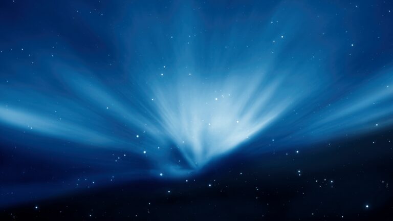A magical 4K wallpaper of a vibrant blue aurora radiating across a star-dusted deep space, an iconic visual from OS X Leopard. The ethereal glow of the aurora bursts from the bottom, creating a captivating celestial scene that transitions from inky cosmic depths to brilliant azure light.