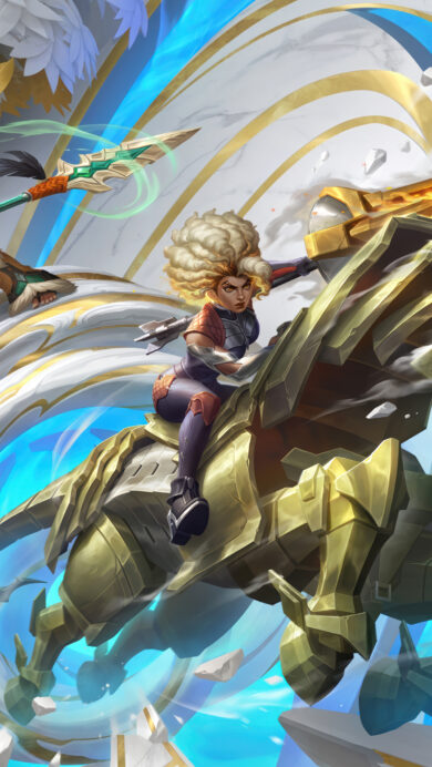 A dynamic 4K wallpaper depicting the League of Legends Wild Rift champions Rell riding her golden armored steed, Nidalee leaping with her spear, and Kog'Maw lurking amidst a vibrant, ethereal realm of swirling white and gold structures and glowing blue energy. The intense interplay of bright azure magic, gleaming gold accents, and the champions' determined expressions creates an action-packed mood.