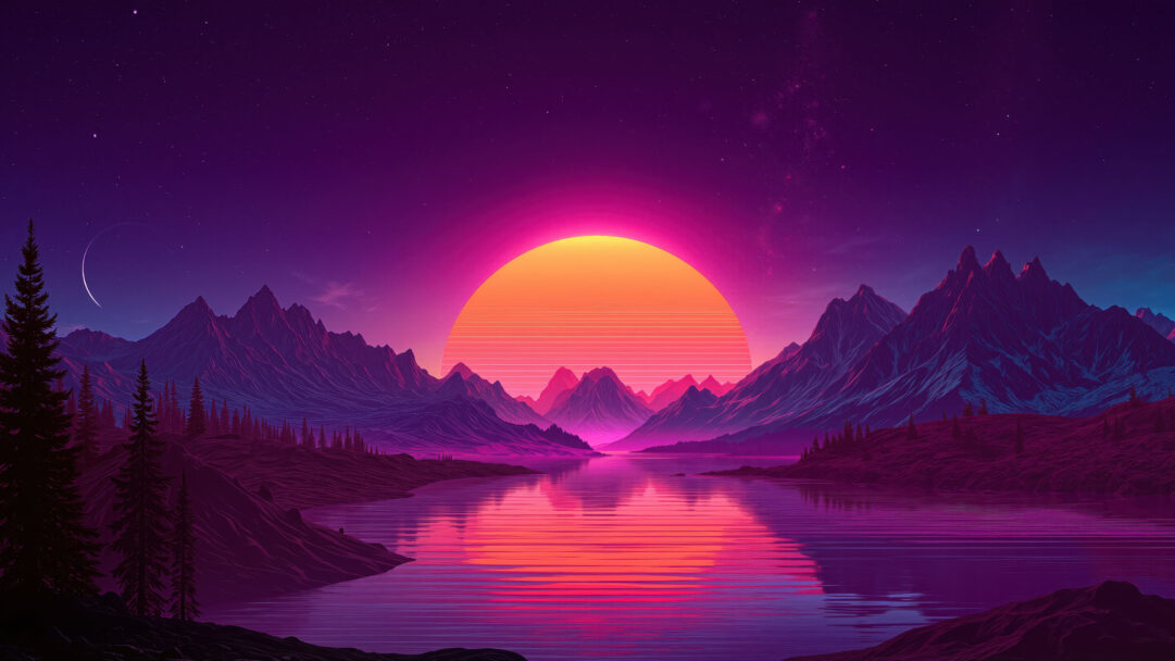 An electrifying 4K wallpaper showcases a breathtaking retrowave mountain lake sunset scene. Majestic purple mountains frame a calm lake, reflecting a colossal, glowing orange sun marked with horizontal lines, all under a gradient night sky dotted with stars and a subtle crescent moon.