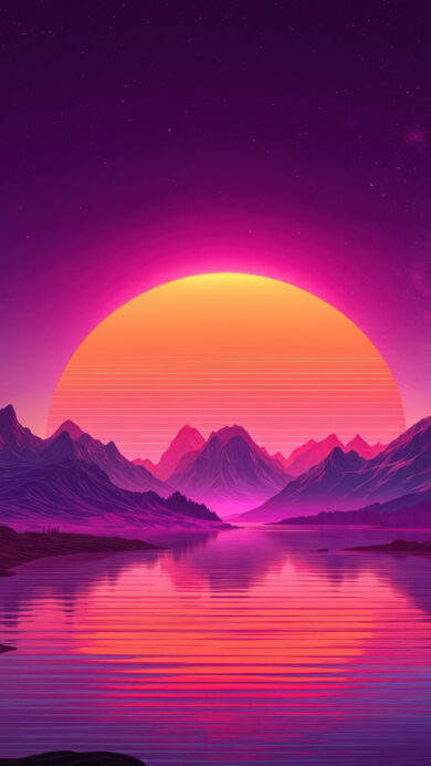 An electrifying 4K wallpaper showcases a breathtaking retrowave mountain lake sunset scene. Majestic purple mountains frame a calm lake, reflecting a colossal, glowing orange sun marked with horizontal lines, all under a gradient night sky dotted with stars and a subtle crescent moon.