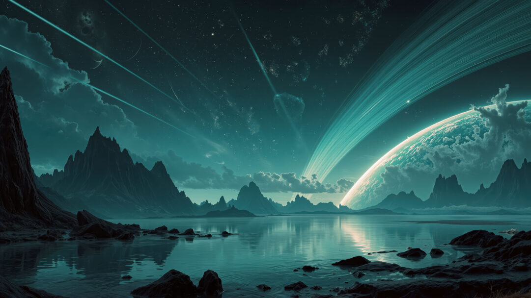 A breathtaking 4K wallpaper showcases an alien landscape under a vast night sky, dominated by a majestic ringed planet, its light reflecting across a tranquil lake bordered by jagged mountains. The scene is imbued with an ethereal teal and turquoise glow, as faint light streaks across the star-dusted night sky, casting serene reflections upon the still lake water.