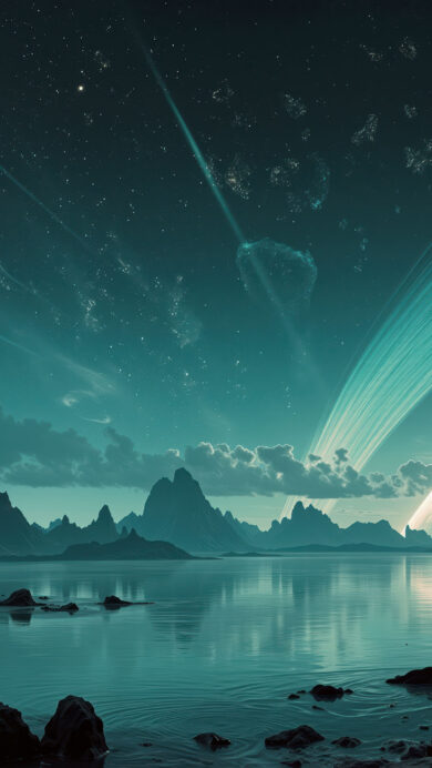 A breathtaking 4K wallpaper showcases an alien landscape under a vast night sky, dominated by a majestic ringed planet, its light reflecting across a tranquil lake bordered by jagged mountains. The scene is imbued with an ethereal teal and turquoise glow, as faint light streaks across the star-dusted night sky, casting serene reflections upon the still lake water.