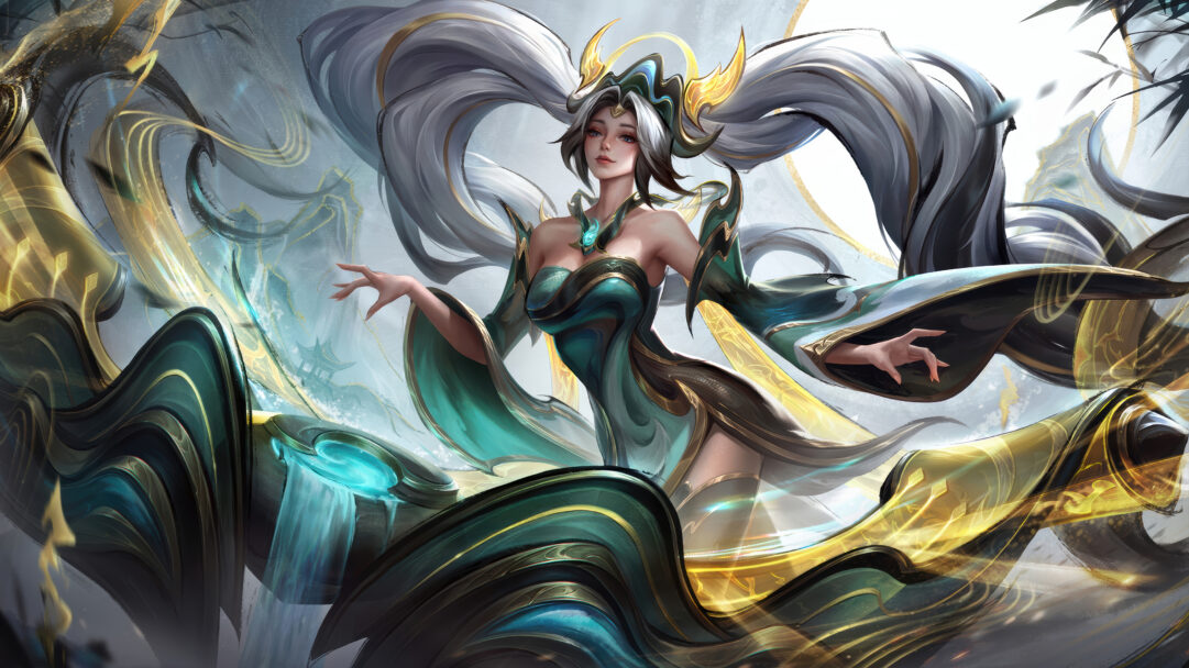 An enchanting 4K wallpaper showcases Sona in her Calligraphia skin, standing elegantly amidst a flowing, ethereal landscape reminiscent of traditional brushstrokes and misty Asian pagodas. Her intricate teal and gold attire, flowing hair, and shimmering energy elements create a harmonious blend of grace and dynamic artistry, befitting her LoL Wild Rift splash art.