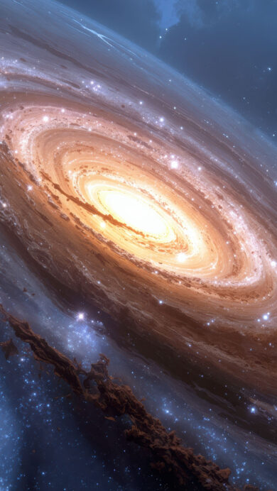 A cosmic 4K wallpaper depicting a majestic spiral galaxy, ablaze with countless stars, swirling through the vast expanse of deep space. Its brilliant golden-orange core gives way to luminous blue and purple stellar arms, intertwined with dark cosmic nebula clouds, creating a sense of profound wonder.