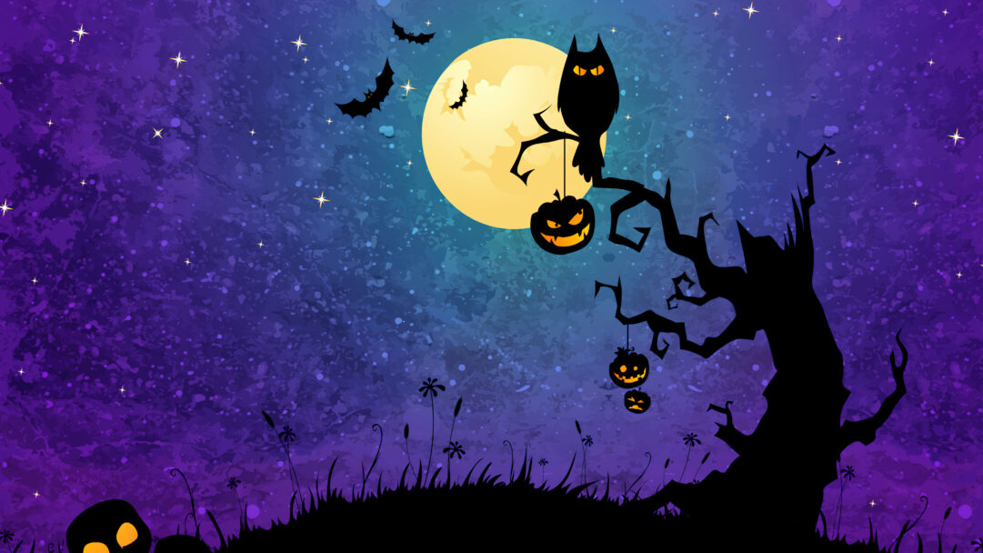 A magical 4K wallpaper showcases a vibrant Halloween digital art scene under a bright full moon, with a silhouette of a watchful owl perched on a gnarled tree amidst a starry, twilight sky. The striking contrast of black silhouettes, including bats flying and glowing jack-o'-lanterns hanging from the tree, against the textured purple and blue cosmic backdrop creates an enchanting and eerie ambiance.