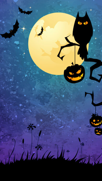 A magical 4K wallpaper showcases a vibrant Halloween digital art scene under a bright full moon, with a silhouette of a watchful owl perched on a gnarled tree amidst a starry, twilight sky. The striking contrast of black silhouettes, including bats flying and glowing jack-o'-lanterns hanging from the tree, against the textured purple and blue cosmic backdrop creates an enchanting and eerie ambiance.