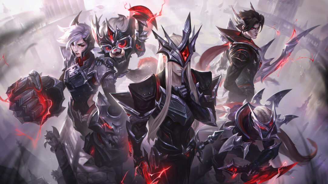 A dramatic 4K wallpaper showcasing the LoL champions Yone, Pyke, Vi, Gnar, and Varus in their dark, armored skins, posed powerfully amidst a gothic, ruined landscape. Vibrant crimson energy crackles around their weapons and eyes, piercing through the muted gray and purple tones of their formidable attire and the ethereal background, creating an intense, mysterious atmosphere.