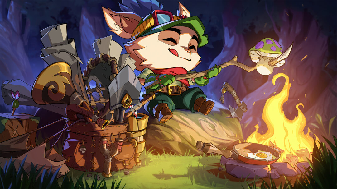 An enchanting 4K wallpaper showcasing Teemo, the Yordle scout, as he contentedly camps in a lush, dark forest beside a detailed backpack filled with gear. He smiles with closed eyes, holding a spotted mushroom on a stick over a roaring campfire that brightly illuminates a frying pan cooking a fried egg, setting a warm and cozy adventurer's mood.