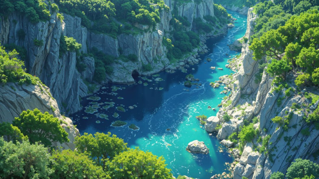 A breathtaking 4K wallpaper features a vibrant turquoise river carving its way through a majestic canyon, flanked by towering cliffs covered in lush green vegetation. The crystal-clear, sun-dappled water dramatically shifts from deep blue to brilliant teal, offering a serene and immersive natural landscape view.