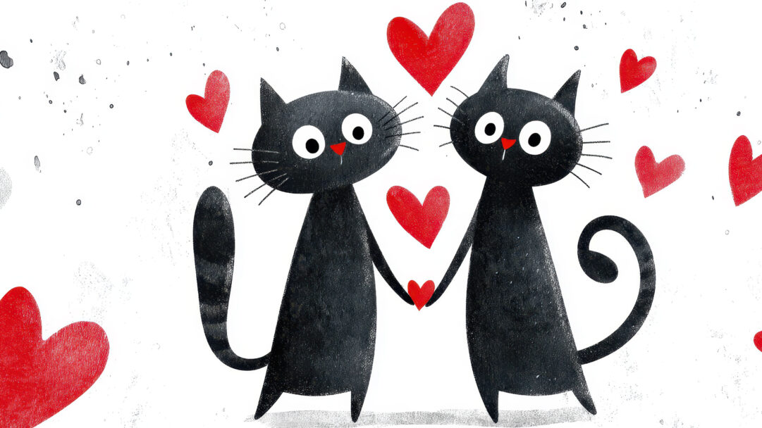 A heartwarming 4K wallpaper showcases two charming black cats, drawn in a distinct digital art style, standing close on a clean white background and holding paws. Multiple vibrant red hearts surround them, with a particularly prominent one held gently between their intertwined hands, expressing deep affection and warmth.