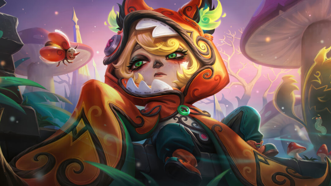 A whimsical 4K wallpaper features Vex in her Wondertown skin, a sullen-faced character with striking green eyes, seated amidst a vibrant, fantastical forest of giant mushrooms and glowing flora. Her intricately designed, creature-like orange and green costume pops against the soft, magical glow of the purple-pink twilight sky, creating a mood of enchanting, yet reluctant, wonder.