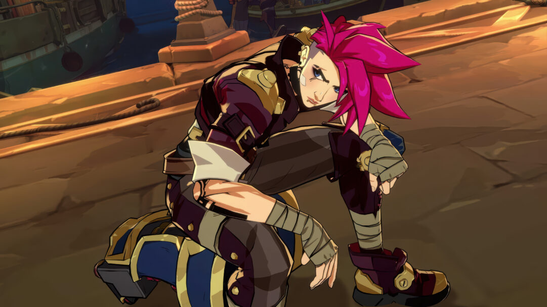 A compelling 4K wallpaper showcasing Vi, the spirited character from the game, crouching on a dimly lit dock beside a moored boat. Her striking pink hair and focused blue eyes are illuminated by the warm, golden light reflecting off the pier, creating a mood of quiet intensity.