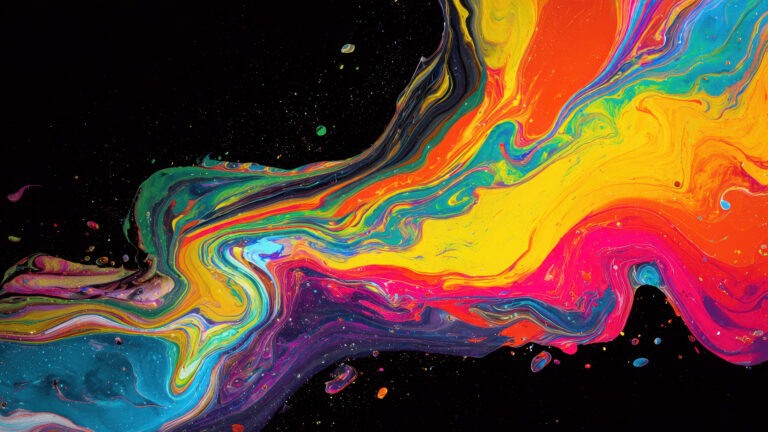 A mesmerizing 4K wallpaper showcasing vibrant fluid paint swirls, a stunning example of digital art, forming a magnificent abstract wave against a deep black backdrop. The rich interplay of kaleidoscopic colors, including fiery orange, electric pink, bright yellow, and deep turquoise, creates a dazzling, dynamic cascade, highlighted by fine colorful speckles across the dark void.