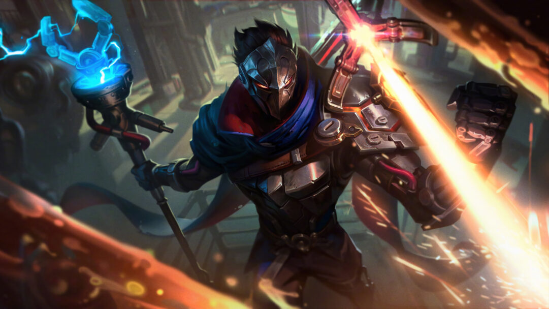 A striking 4K wallpaper featuring Viktor in his Machine Herald skin from League of Legends, depicted amidst a gritty, futuristic industrial cityscape. He stands powerfully, wielding a staff crackling with vibrant blue energy in his left hand, while his right arm unleashes a torrent of brilliant orange-yellow energy and sparks into the dynamic, dark environment.