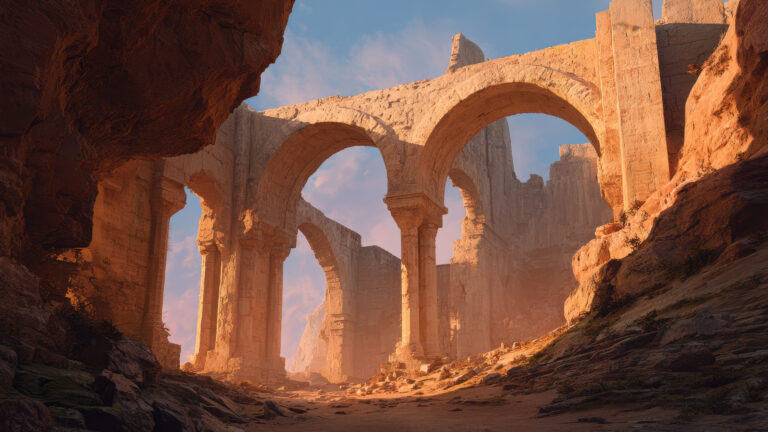 An evocative 4K wallpaper presents a grand digital art landscape of ancient desert ruins. Golden light bathes the towering, crumbling arches and rugged rock formations, creating a breathtaking sense of timeless solitude and warmth.