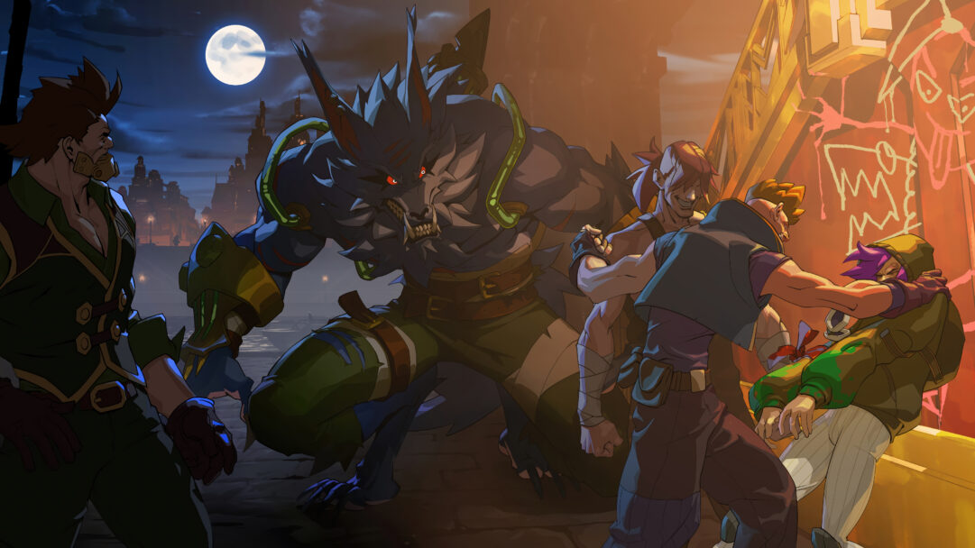 A fierce 4K wallpaper presents Warwick, the monstrous augmented wolf from 2XKO, clashing with opponents on a shadowy street at night. The scene is powerfully illuminated by a bright full moon on the left and a warm, glowing structure on the right, emphasizing Warwick's snarling ferocity and the chaotic struggle.